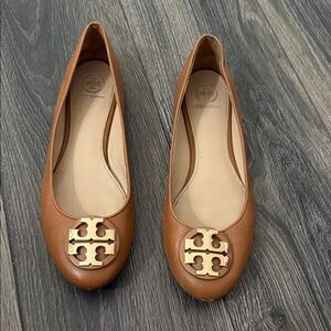 Tory Burch Brown Leather Flats with Gold Logo